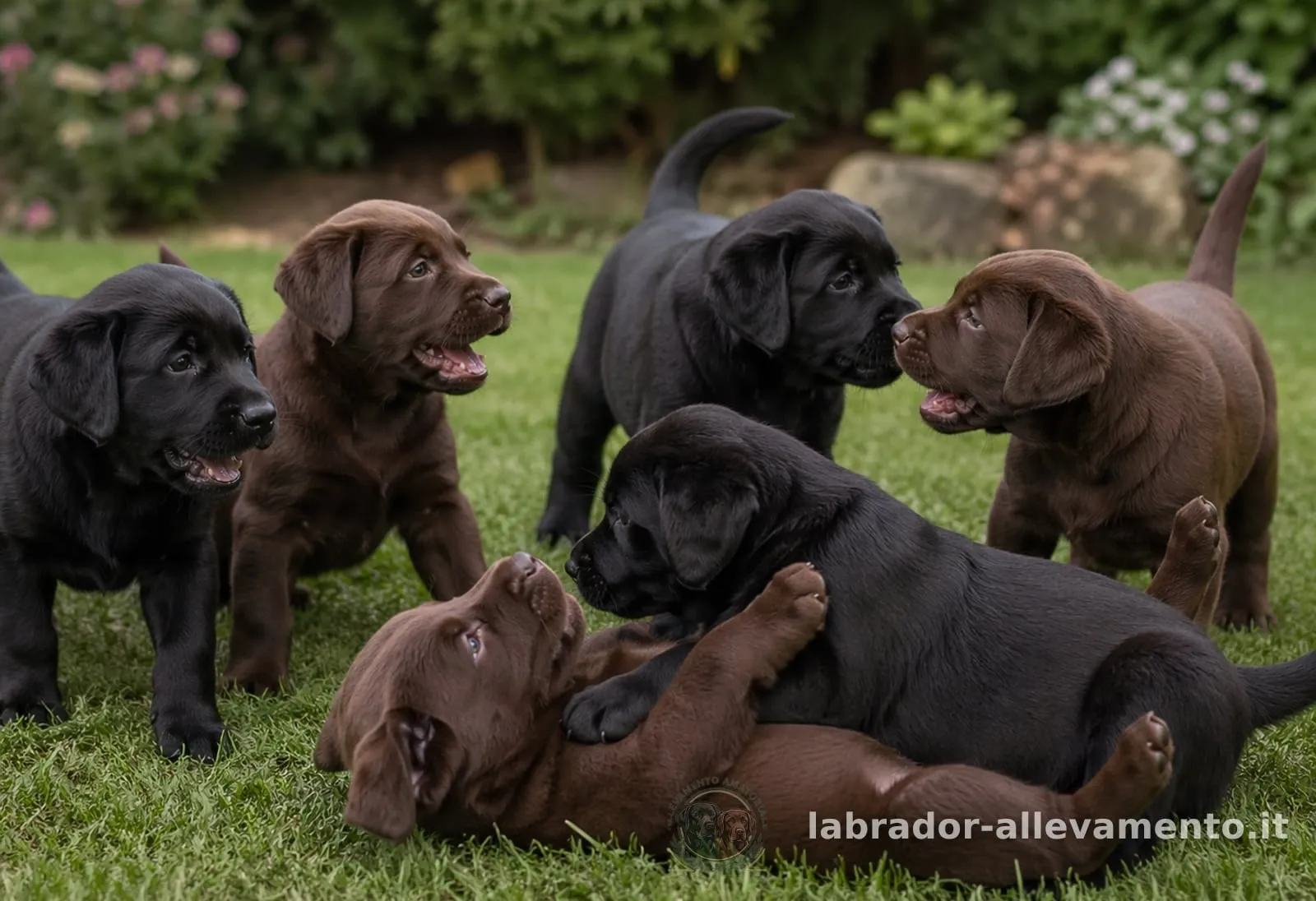 Cuccioli di Labrador neri e chocolate che giocano nel giardino dell'allevamento Soeli a Comabbio
