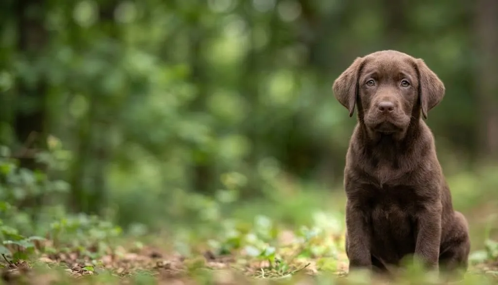 Cucciolo di Labrador chocolate seduto nel bosco