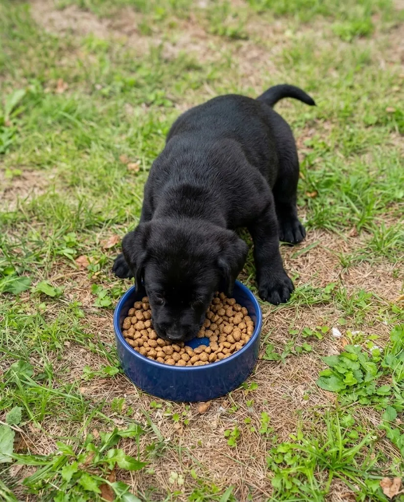 Cucciolo di Labrador nero che mangia le crocchette da una ciotola blu, sul prato