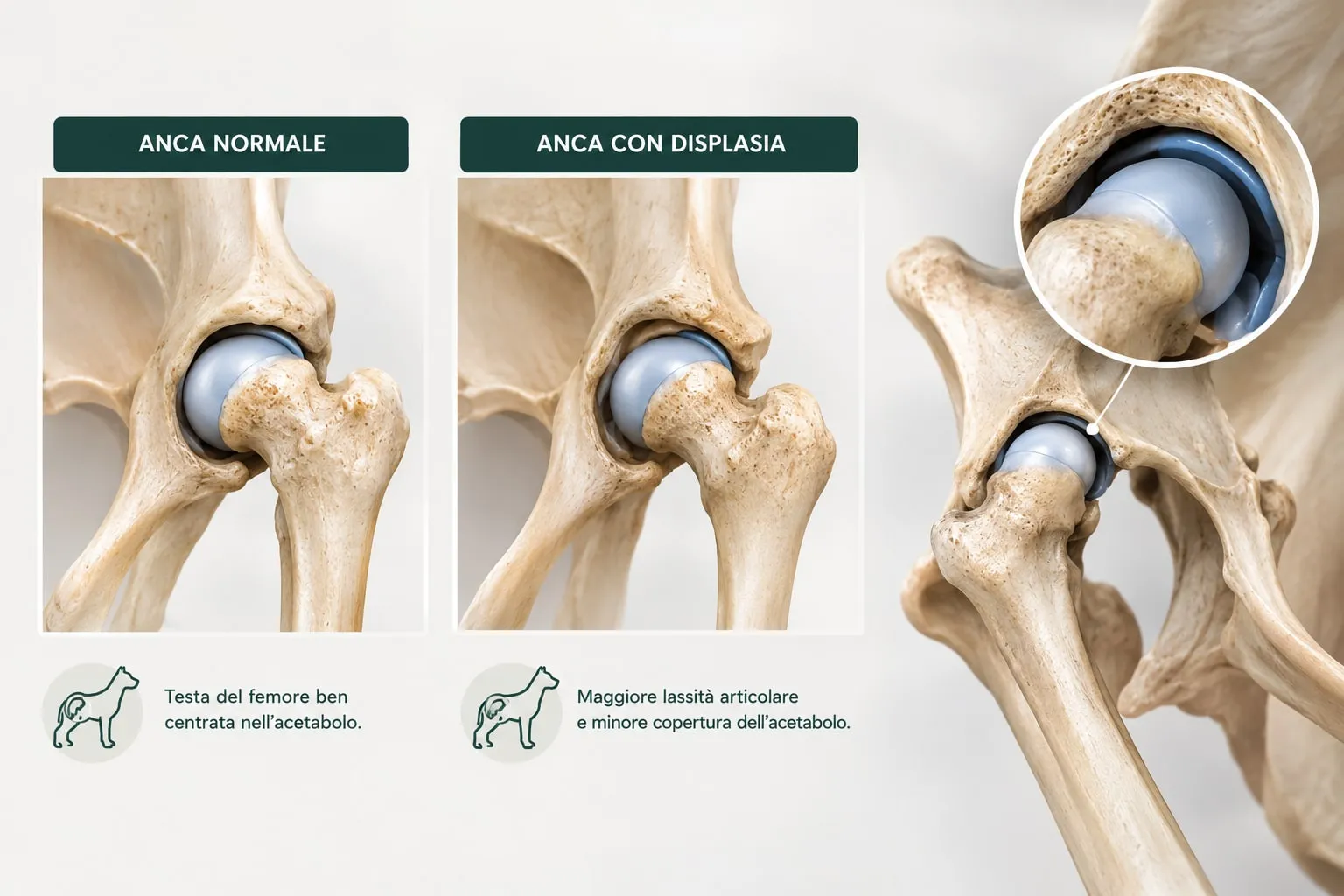 Confronto anatomico fra un’anca canina normale, con la testa del femore ben centrata nell’acetabolo, e un’anca displasica, con maggiore lassità articolare e minore copertura della testa del femore