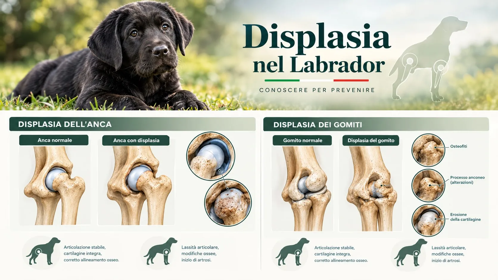 Displasia nel Labrador: schemi a confronto dell'anca e del gomito, normali e displasici