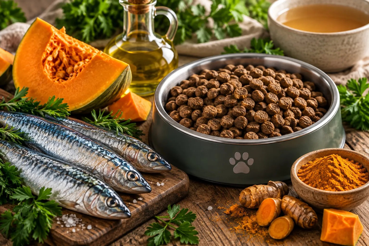 Sardine, zucca, curcuma, olio d'oliva e brodo d'ossa accanto a una ciotola per cani