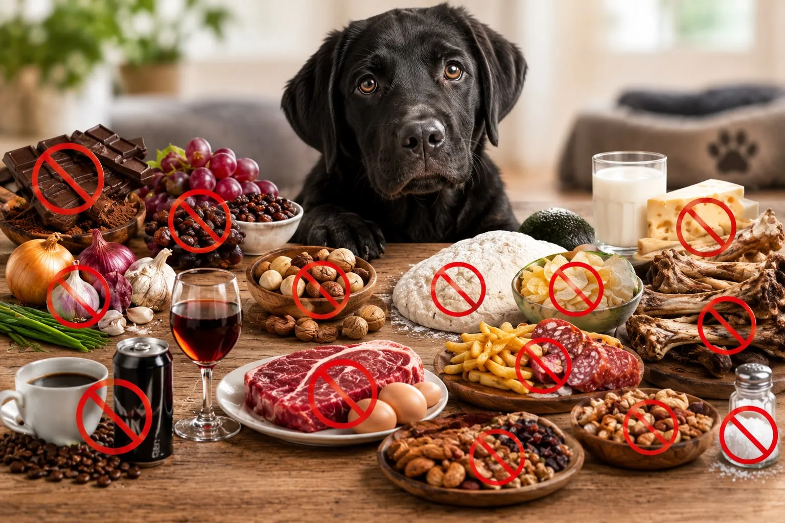 Un Labrador nero dietro un tavolo di alimenti contrassegnati da segnali di divieto