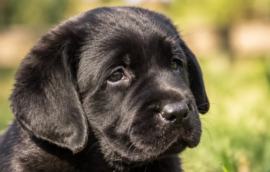 Cucciolo di Labrador nero sdraiato sul prato, ripreso da vicino