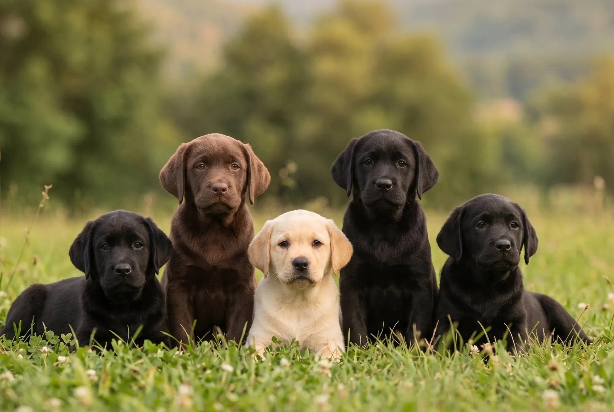 Cinque cuccioli di Labrador neri, chocolate e giallo seduti nel prato dell'allevamento Soeli a Comabbio