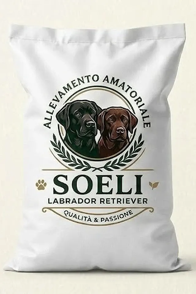 Sacco bianco con lo stemma dell'Allevamento amatoriale SOELI, Labrador Retriever: un Labrador nero e uno cioccolato