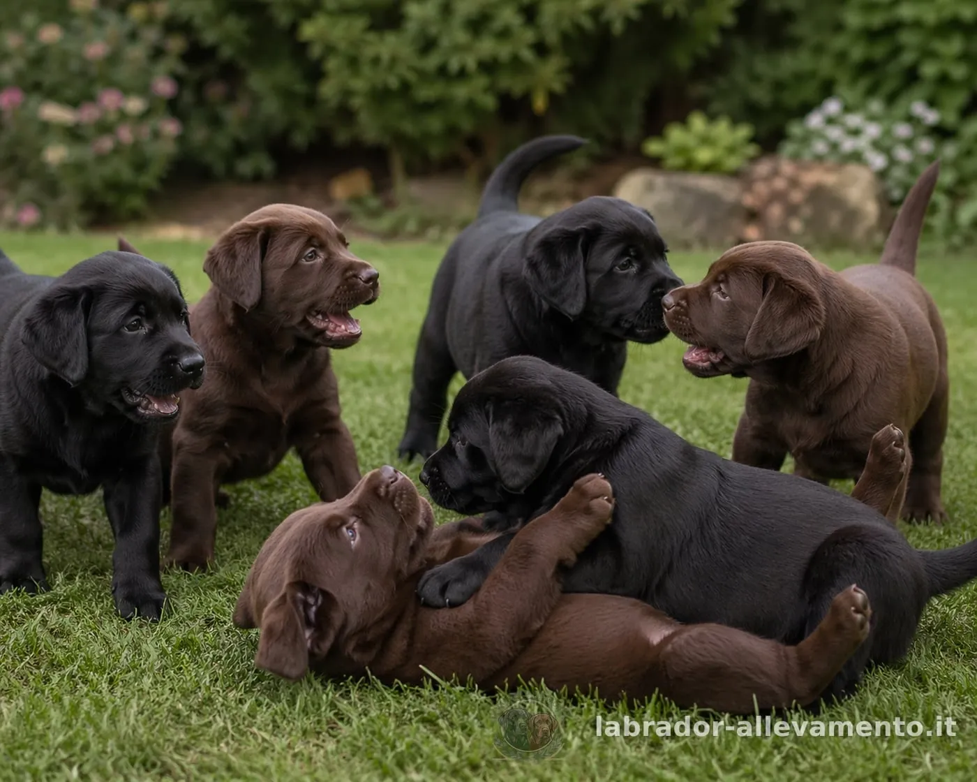 Cuccioli di Labrador durante il percorso di socializzazione negli spazi verdi dell'allevamento