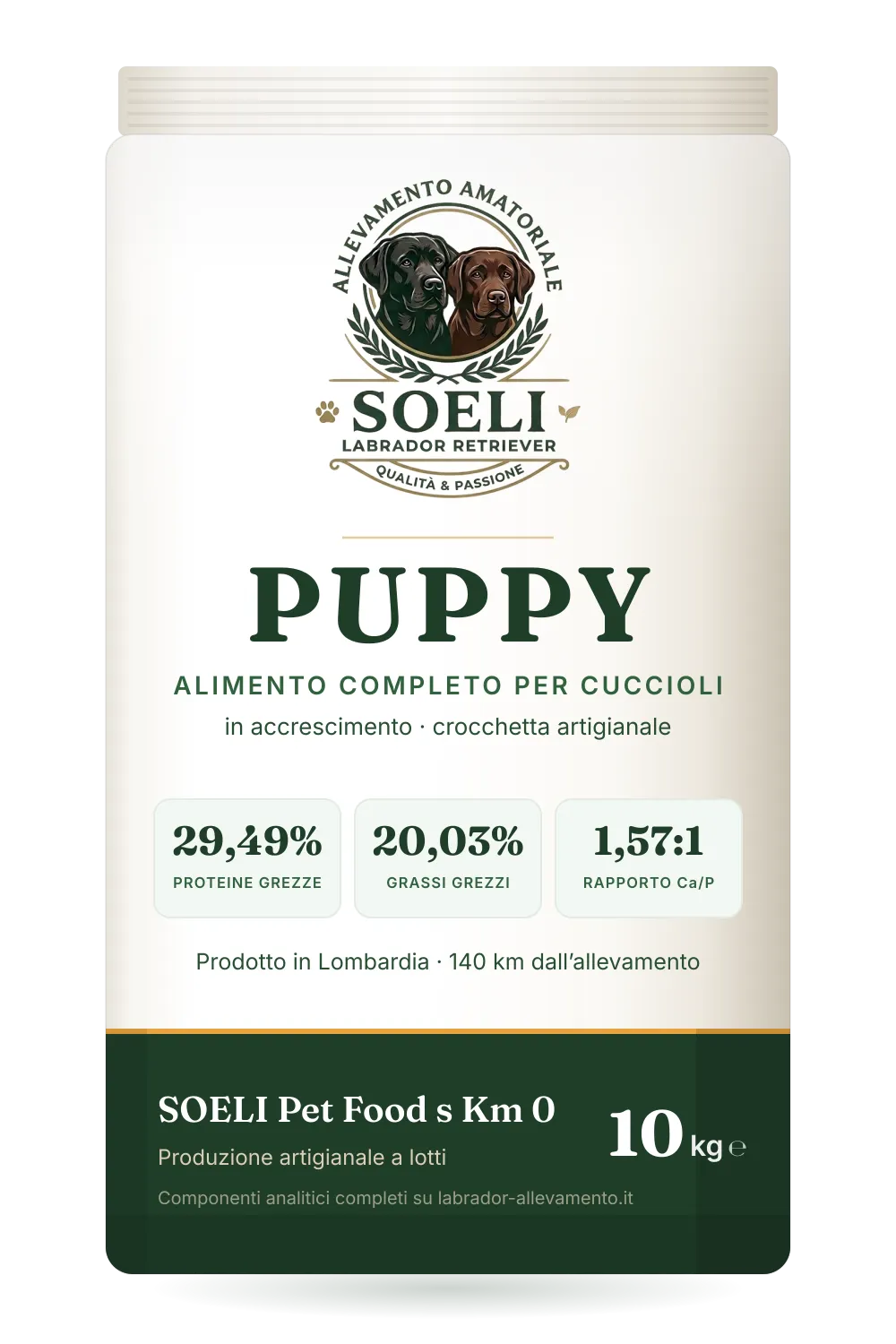 Confezione da 10 kg di SOELI Puppy, alimento completo per cuccioli a marchio SOELI Pet Food s Km 0