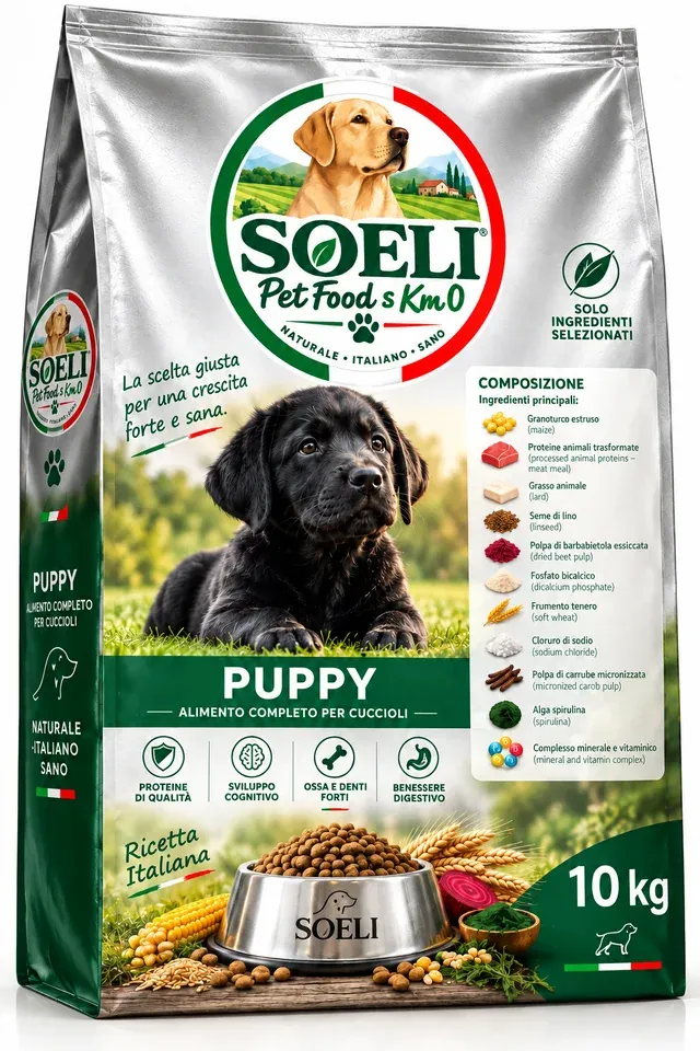 Confezione da 10 kg di SOELI Puppy, alimento completo per cuccioli a marchio SOELI Pet Food s Km 0