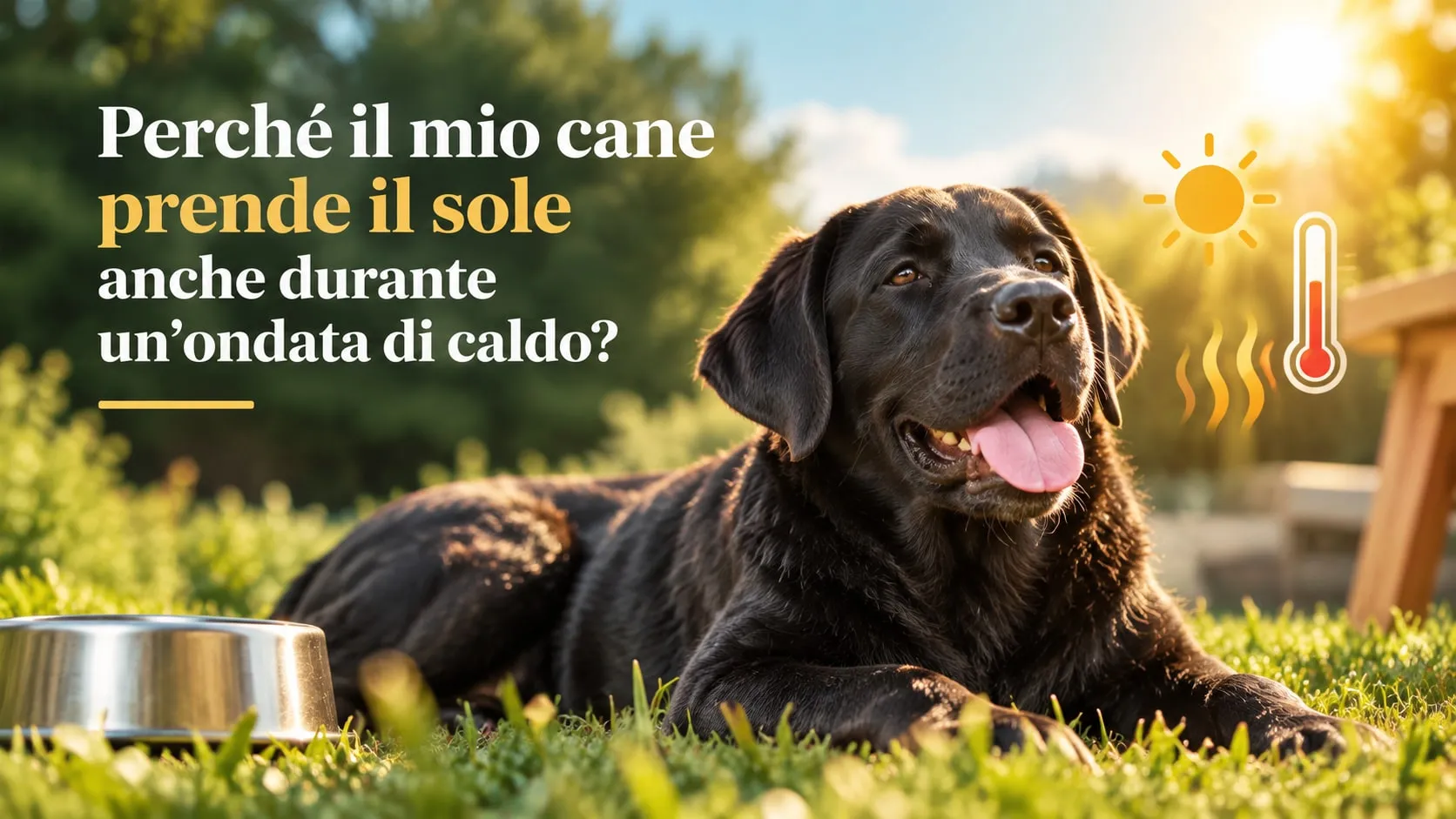 Labrador scuro sdraiato al sole sull’erba, ansimante, con una ciotola d’acqua accanto