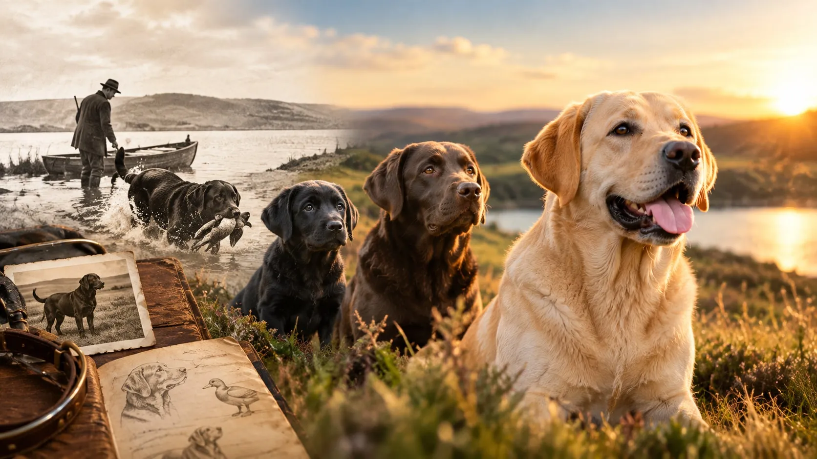 Da sinistra a destra, il passaggio dal cane da lavoro in bianco e nero ai tre Labrador di oggi: nero, cioccolato e giallo